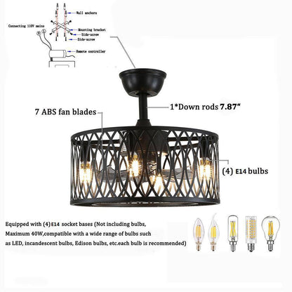 OUKANING Black Metal Caged Vintage Ceiling Fan w/ Light Kit and Remote Control