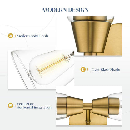 JAZAVA 16.57 in. 2 Light Gold Vanity Lights Clear Glass Indoor Wall Sconce
