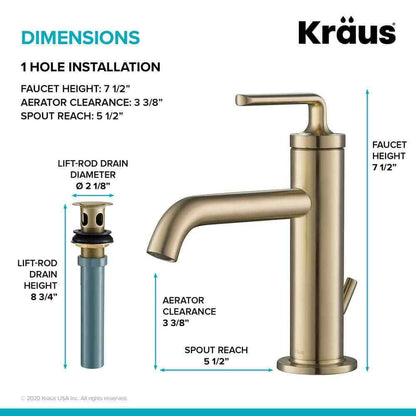 KRAUS Ramus Single Hole Single-Handle Bathroom Faucet w/ Matching Lift Rod Drain