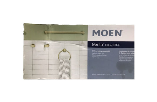 MOEN Genta Bath Hardware Set w/ Towel Bar Paper Holder and Towel Ring in Gold