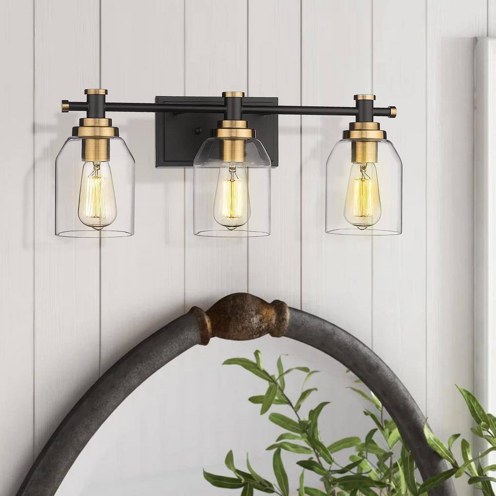 JAZAVA 21.3 in. 3 Light Black and Gold Indoor Vanity Light Wall Sconce Light