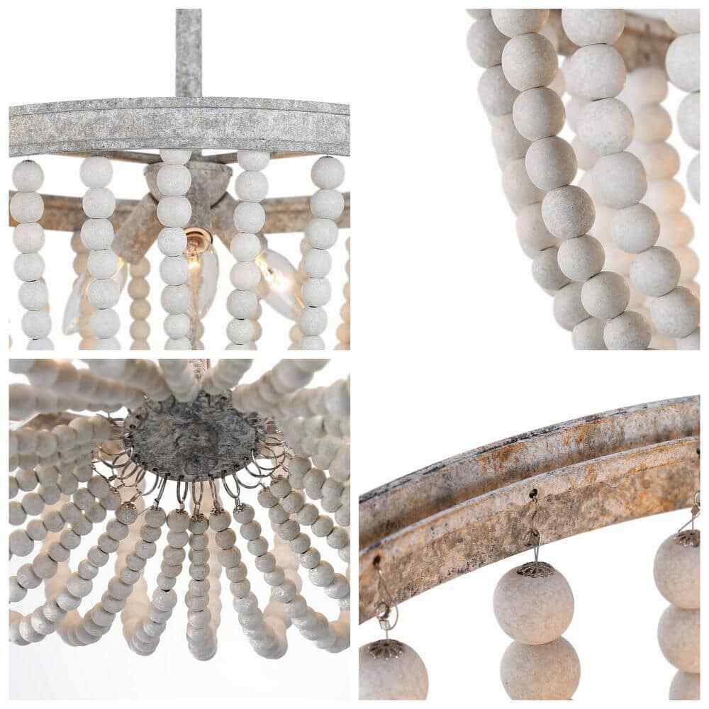 LNC 16 in. Modern Farmhouse Antique White Wood Beaded Semi-Flush Mount 3-Light