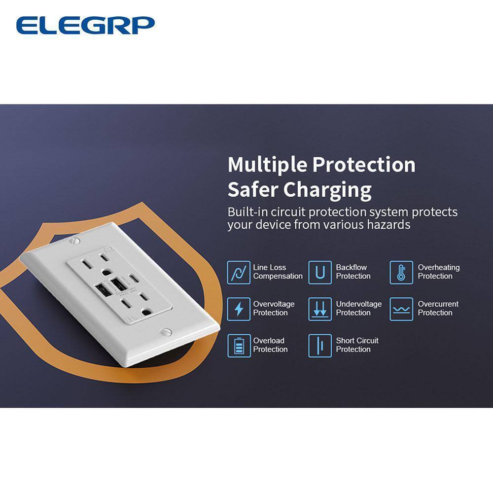 ELEGRP 30-Watt 15 Amp 3-Port Type C and Type A USB Duplex USB Wall Outlet 2-Pack