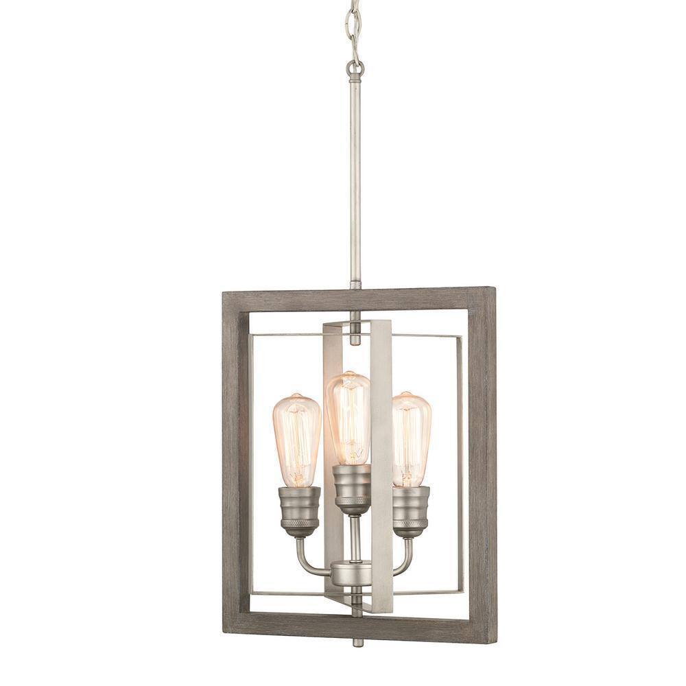 Home Decorators Palermo Grove 14 in. 3-Light Nickel Pendant w/ Painted Gray Wood