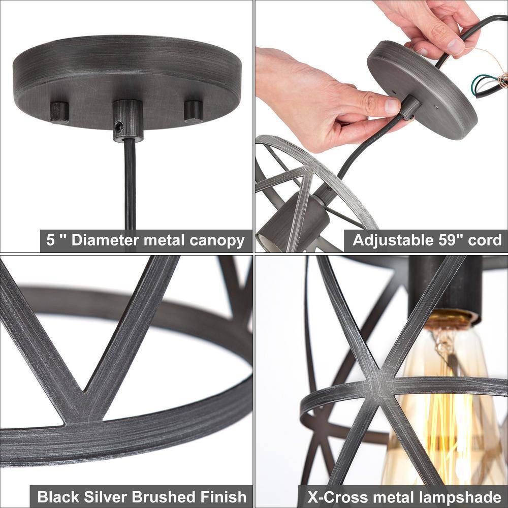 LNC Modern Industrial Brushed Grey Drum Pendant Light with Open Cage Shade
