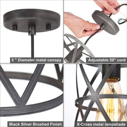 LNC Modern Industrial Brushed Grey Drum Pendant Light with Open Cage Shade