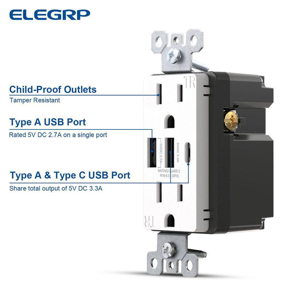 ELEGRP 30-Watt 15 Amp 3-Port Type C and Type A USB Duplex USB Wall Outlet 2-Pack