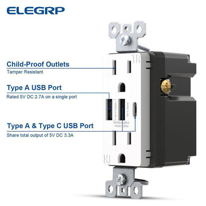ELEGRP 30-Watt 15 Amp 3-Port Type C and Type A USB Duplex USB Wall Outlet 2-Pack