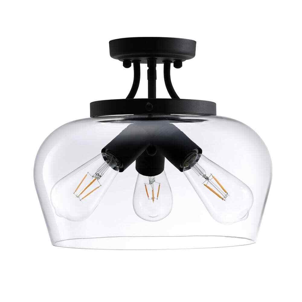 Merra 14 in. 3-Light Matte Black Semi-Flush Mount with Clear Glass Shade