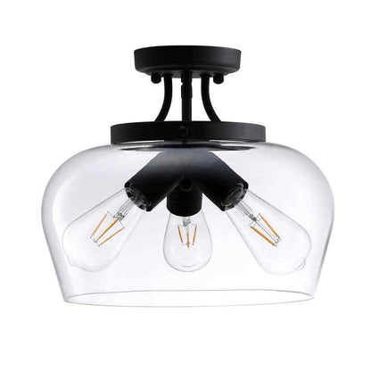 Merra 14 in. 3-Light Matte Black Semi-Flush Mount with Clear Glass Shade