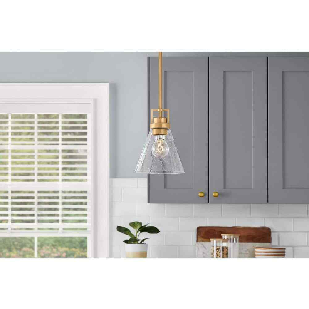 Home Decorators Clermont 1-Light Satin Brass Shaded Pendant w/Seeded Glass Shade