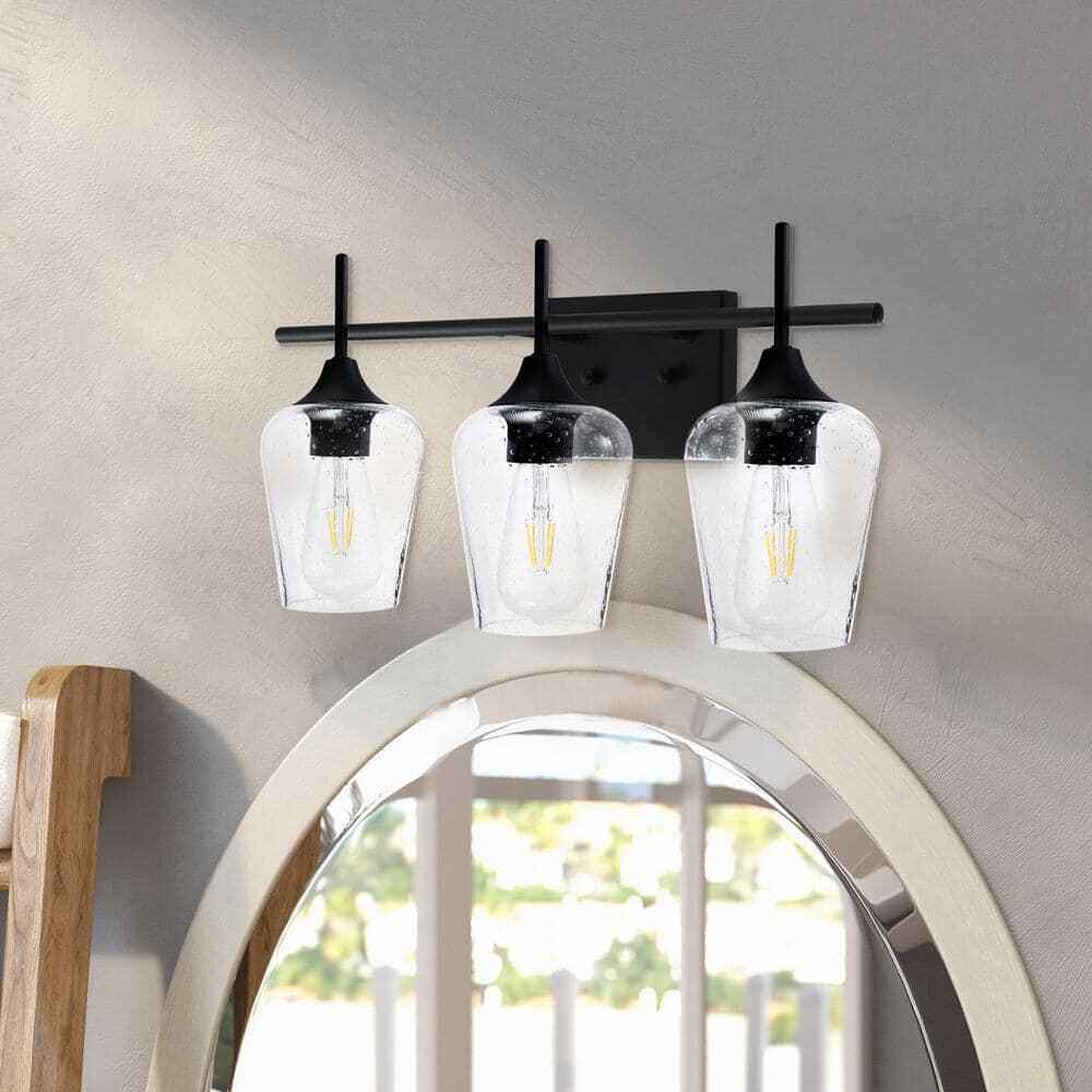 Merra 3-Light Black Bathroom Vanity Light with Seeded Glass Shades
