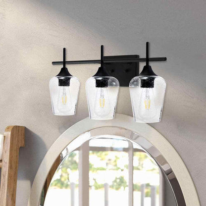 Merra 3-Light Black Bathroom Vanity Light with Seeded Glass Shades