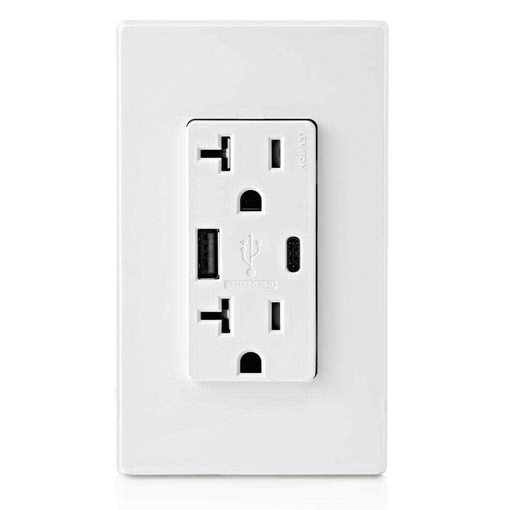Leviton 20 Amp Tamper Resistant Duplex Outlet w/ Type A and C USB Chargers White