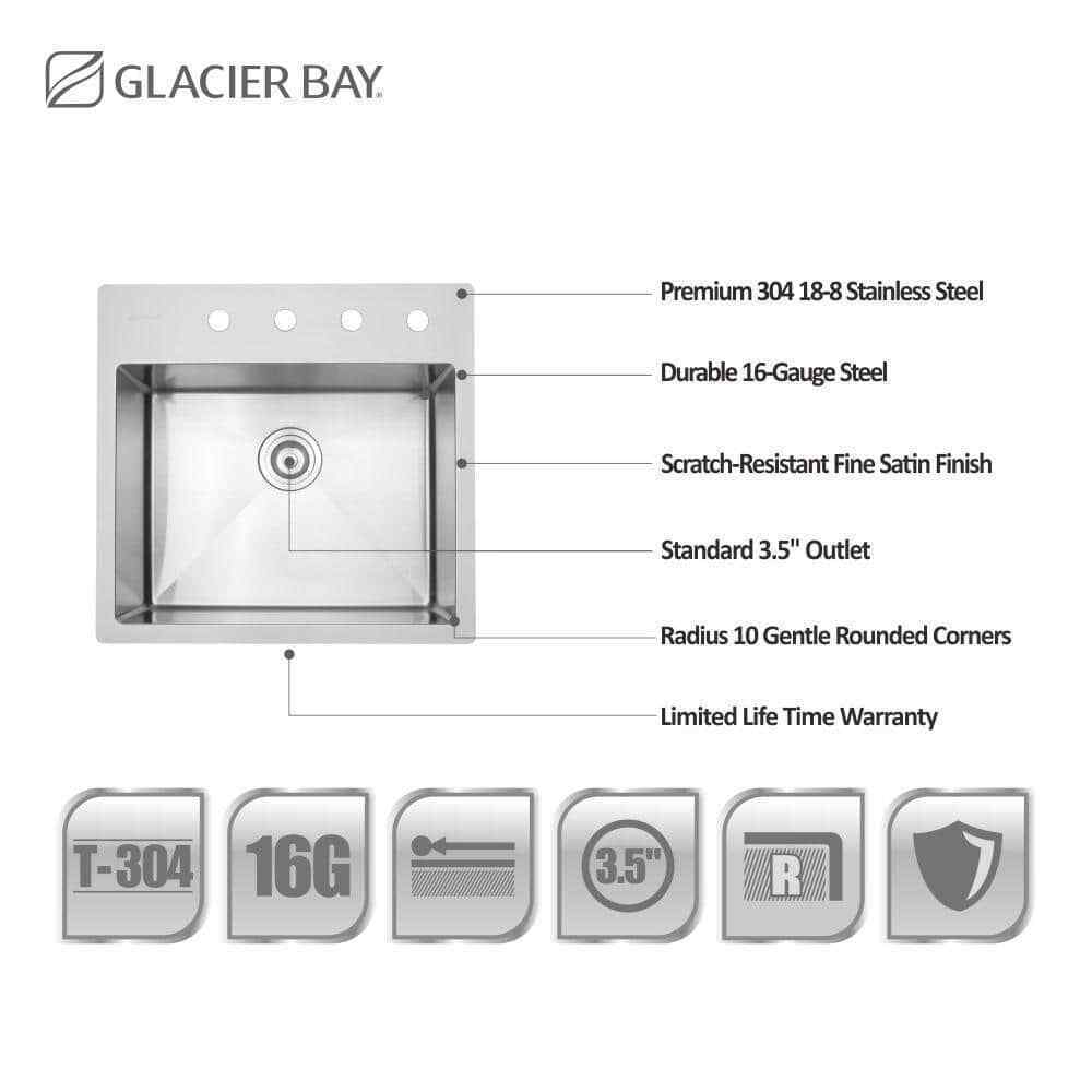 Glacier Bay Professional 23 in Drop-in 16G Stainless Single Bowl Kitchen Sink