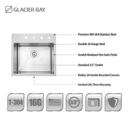 Glacier Bay Professional 23 in Drop-in 16G Stainless Single Bowl Kitchen Sink