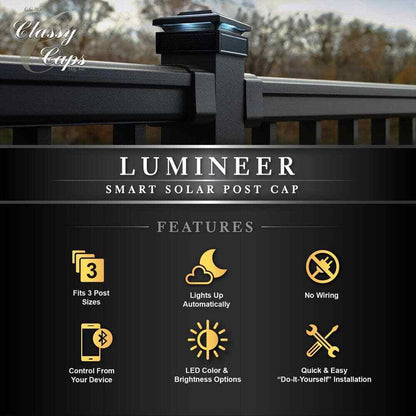 CLASSY CAPS Lumineer 4 in. x 4 in. Black Cast Aluminum Smart Solar Post Cap