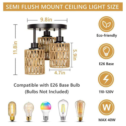 PUDO Flush Mount Boho 3-Light Brown Cage Pendant Light