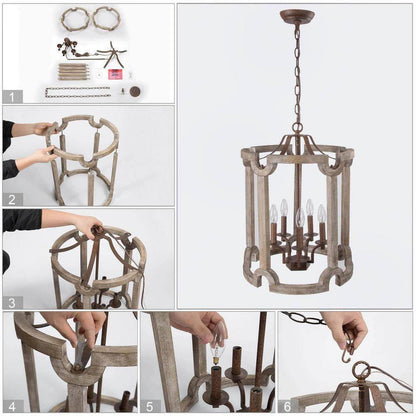 LNC Rustic Farmhouse 5-Light Bronze Weathered Real Wood Drum Chandelier