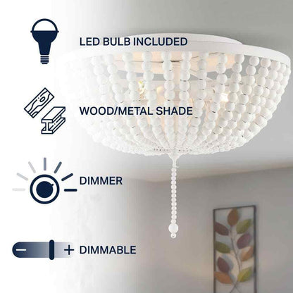 JONATHAN Y Allison 15 in. White Wood Beaded/Metal LED Flush Mount JYL9019D