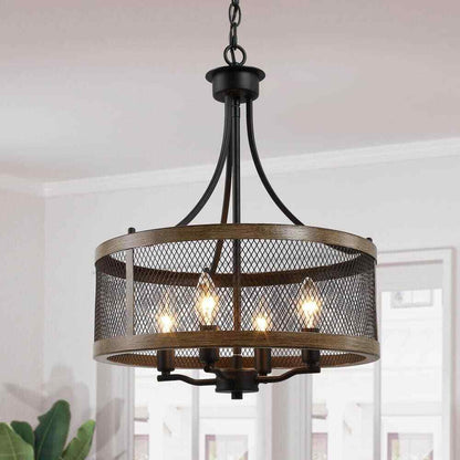 LALUZ Black Farmhouse 4-Light Drum Bronze Modern Round Chandelier Island Light
