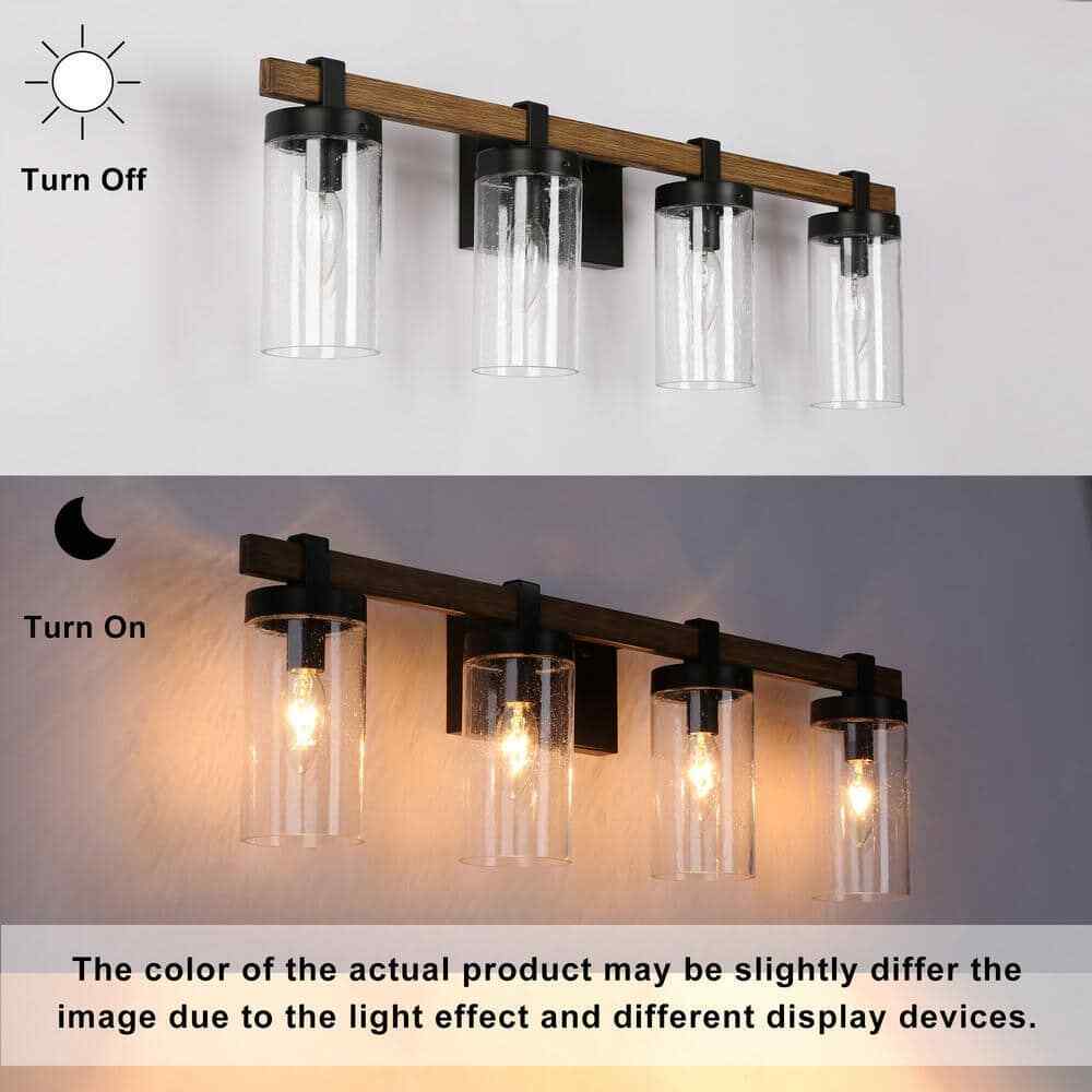LNC Industrial 29 in. 4-Light Black Vanity Light w/ Seeded Glass Shades