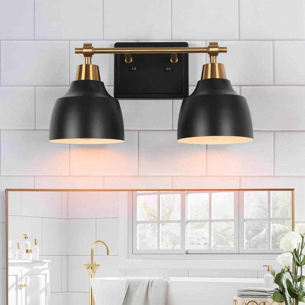 LNC Modern 14.5 in. 2-Light Black Vanity w/ Brass Plated Metal Arm + Bell Shades