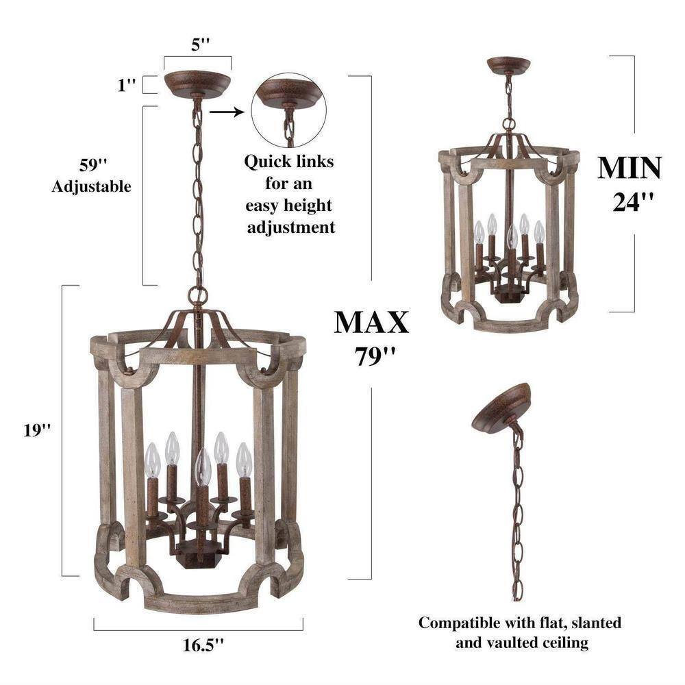LNC Rustic Farmhouse 5-Light Bronze Weathered Real Wood Drum Chandelier