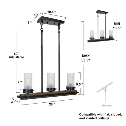 LNC 3-Light Black Island Wood Chandelier w/ Cylinder White Frosted Glass Shades