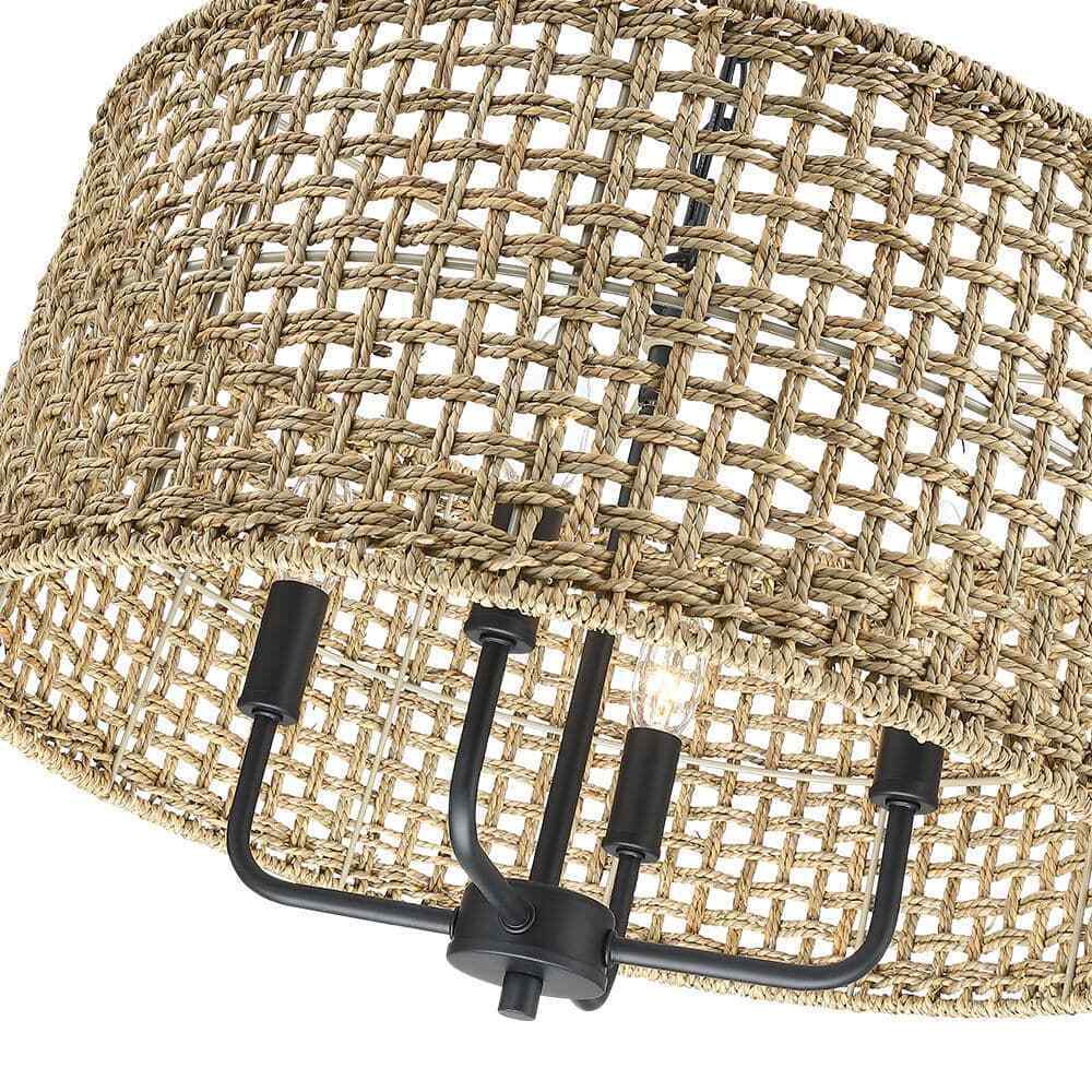 TRUE FINE Cape 20 in. 4-Light Bohemian Drum Chandelier w/ Lime Hand Woven Shade