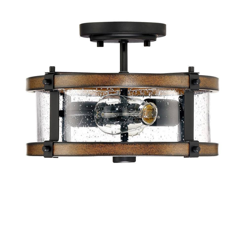Hukoro Mousse 12.2 in. 2-Light Semi Flush Mount w/ Matte Black Barnwood Accents