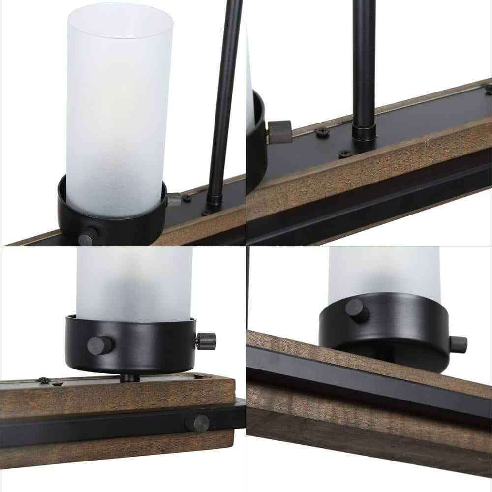 LNC 3-Light Black Island Wood Chandelier w/ Cylinder White Frosted Glass Shades