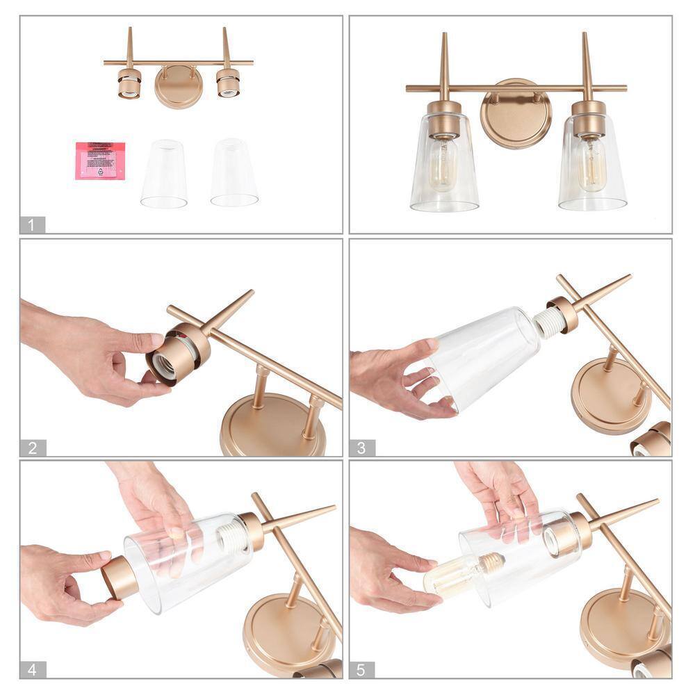 Uolfin Gold Bell 2-Light Modern Powder Room Vanity Light with Clear Glass Shades