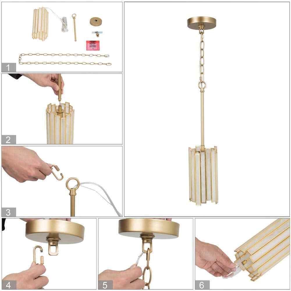 LNC Gold 1-Light Drum Pendant w/ Tiffany Glass Shade Hanging Light