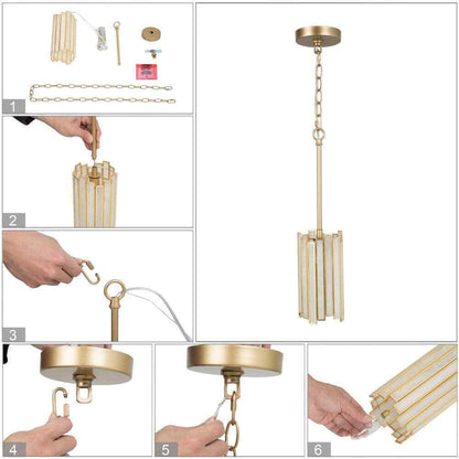 LNC Gold 1-Light Drum Pendant w/ Tiffany Glass Shade Hanging Light