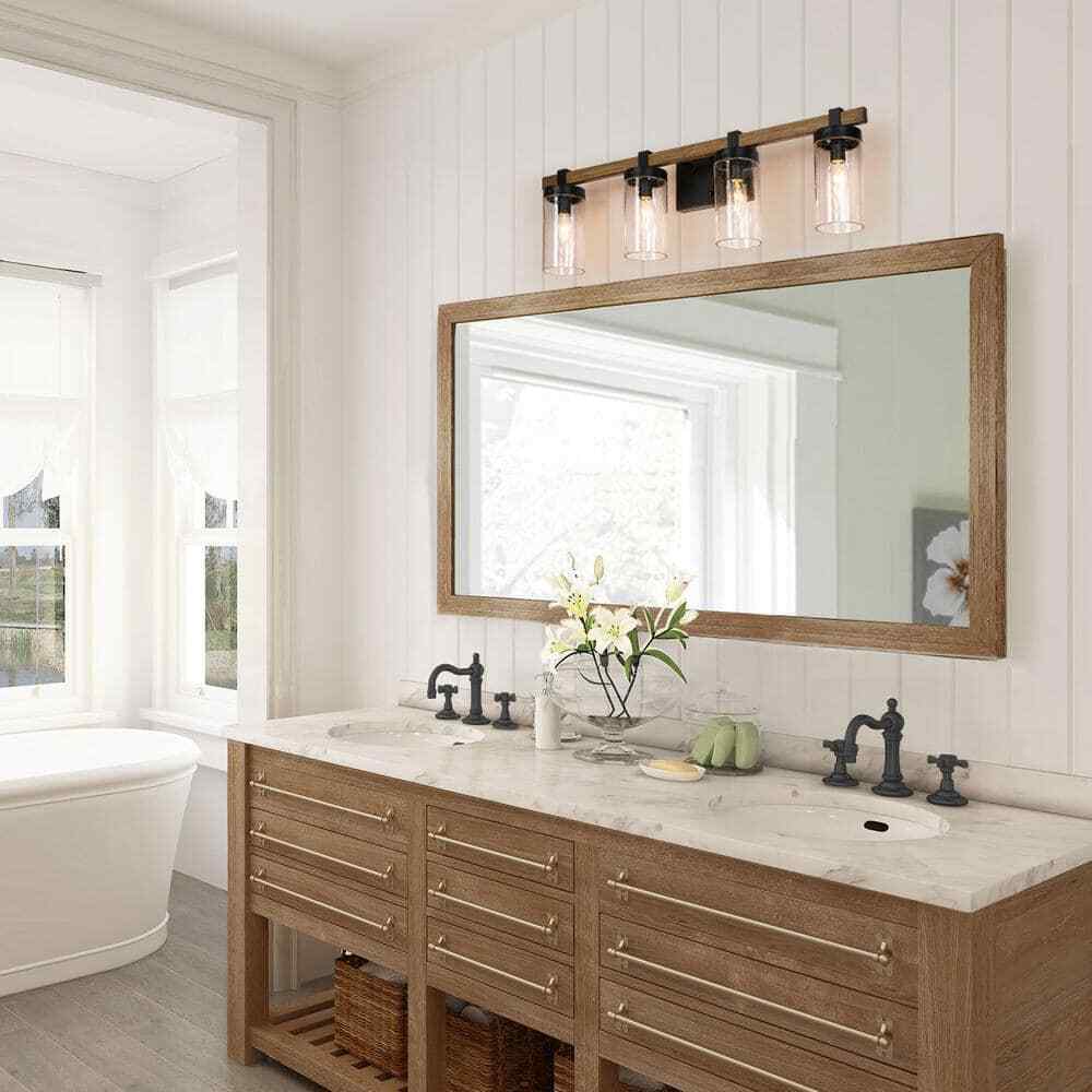 LNC Industrial 29 in. 4-Light Black Vanity Light w/ Seeded Glass Shades