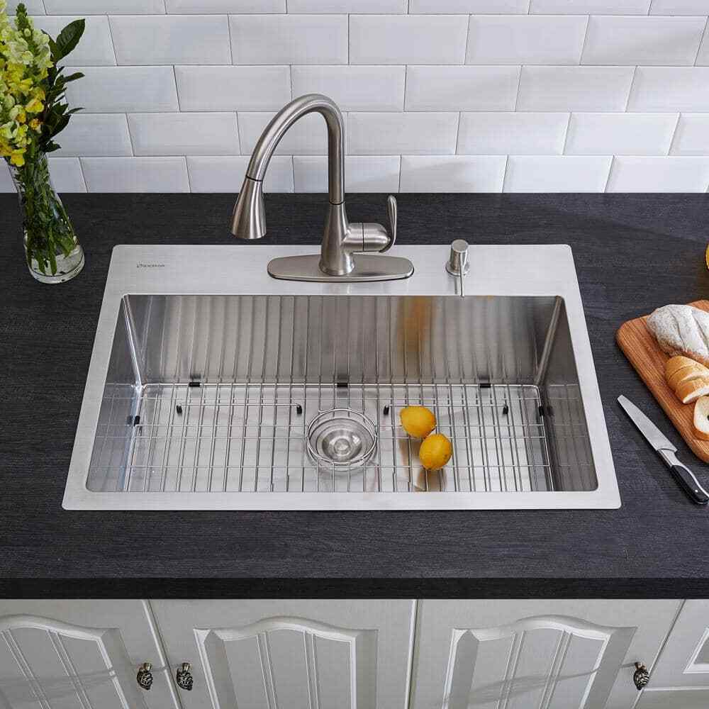Glacier Bay 32 in. Tight Radius Drop-in 16G SS 4-Hole Single Bowl Kitchen Sink
