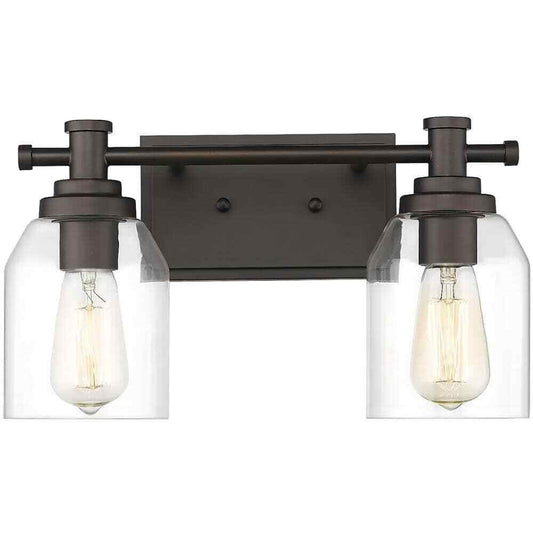 JAZAVA 15 in. 2-Light Oil Rubbed Bronze Vanity Light with Clear Glass Shade