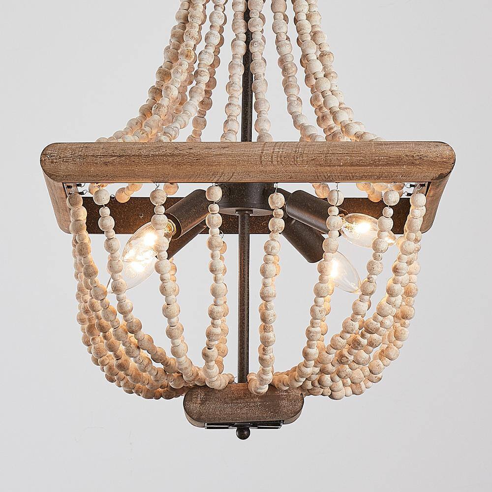 Parrot Uncle Regas 4-Light Farmhouse Weathered Wood Bead Candle Style Chandelier