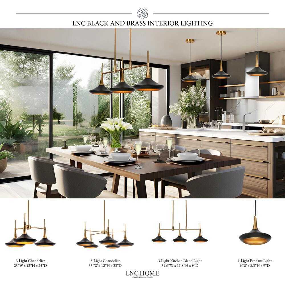 LNC Modern Black and Brass Kitchen Island Pendant Lighting Hanging Chandelier