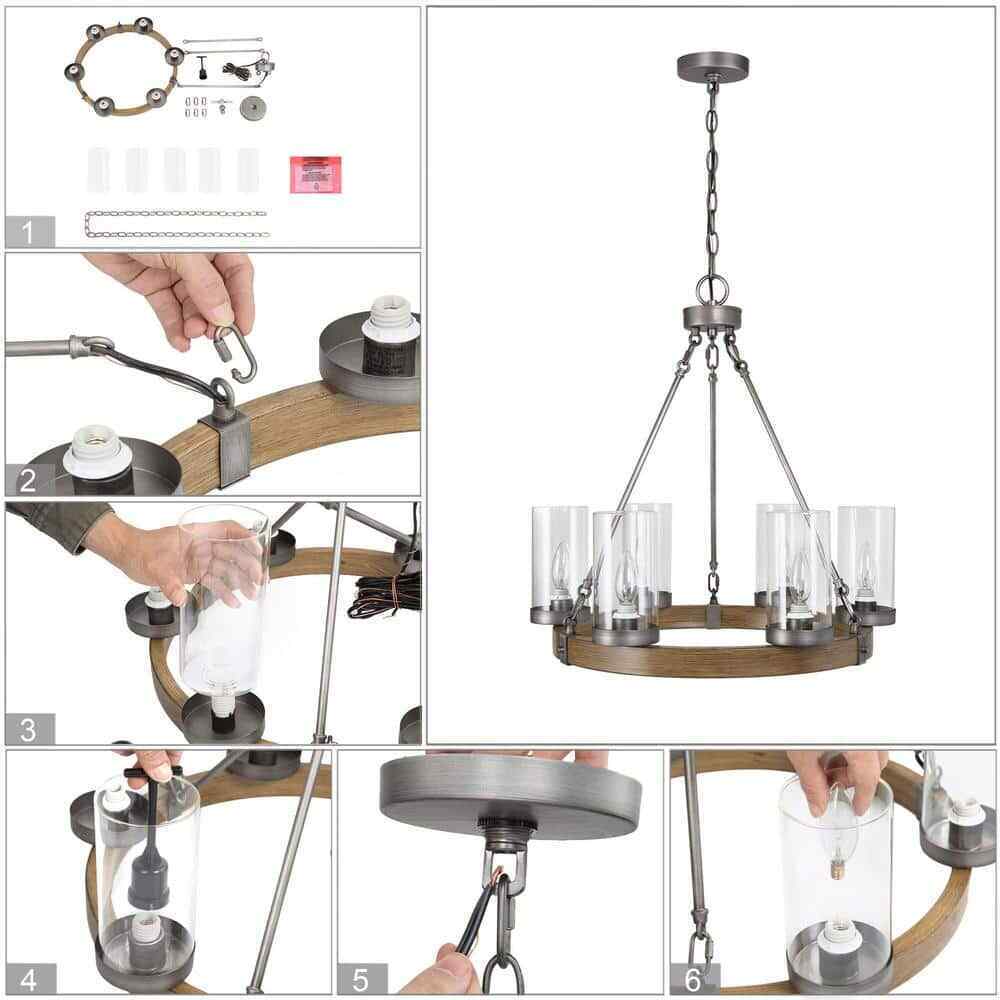 LNC Textured Brown Round Chandelier 6-Light Brushed Silver Wagon Wheel