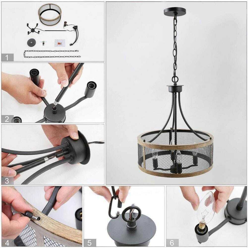 LALUZ Black Farmhouse 4-Light Drum Bronze Modern Round Chandelier Island Light