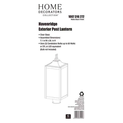 Home Decorators Havenridge Matte Black Outdoor Post Light w/ Clear Glass 1-Pack