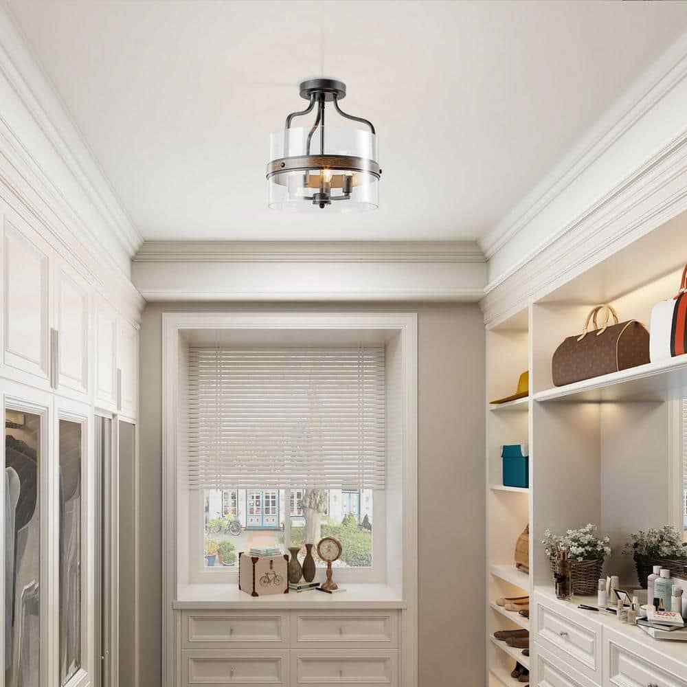 LNC Modern Farmhouse Drum Ceiling Light w/ Faux Wood Accent Clear Glass Shade