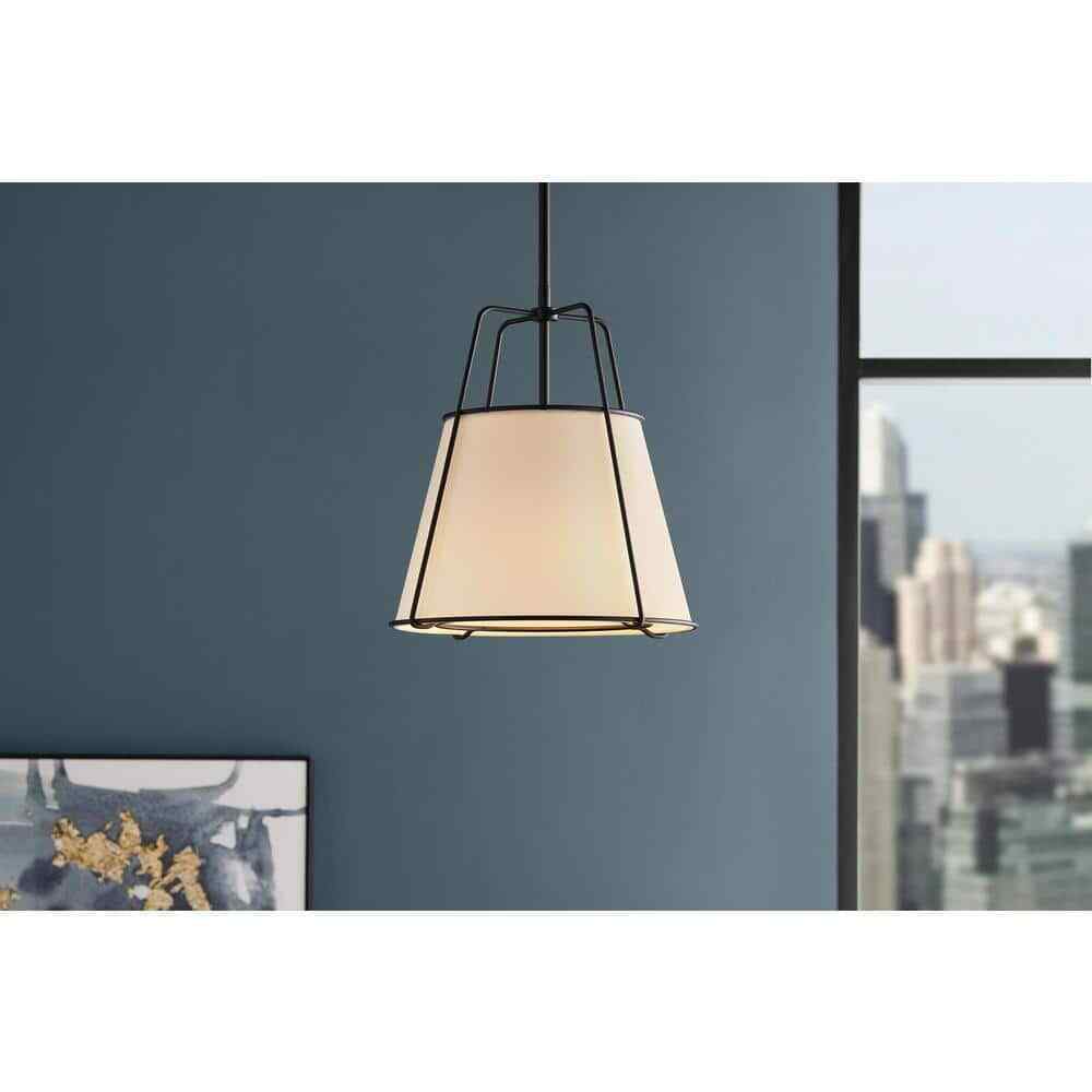 Home Decorators Havenport 2-Light Matte Black Pendant with White Fabric Shade