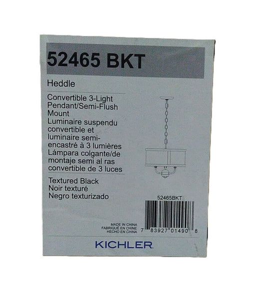 KICHLER Heddle 15.5 in. 3-Light Textured Black Vintage Shaded Drum Chandelier