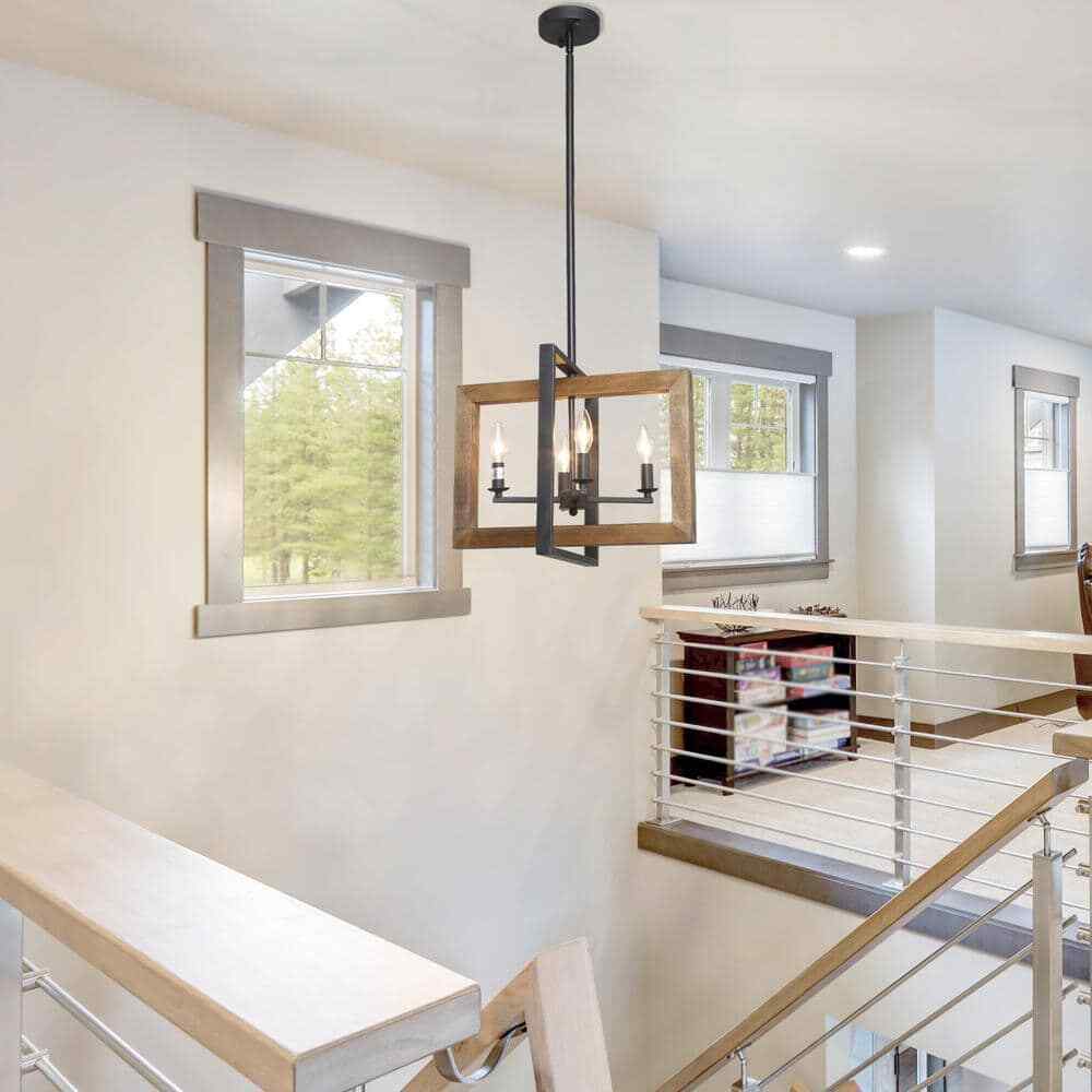 LNC 4-Light Black Modern Farmhouse Geometric Caged Wood Candelabra Chandelier