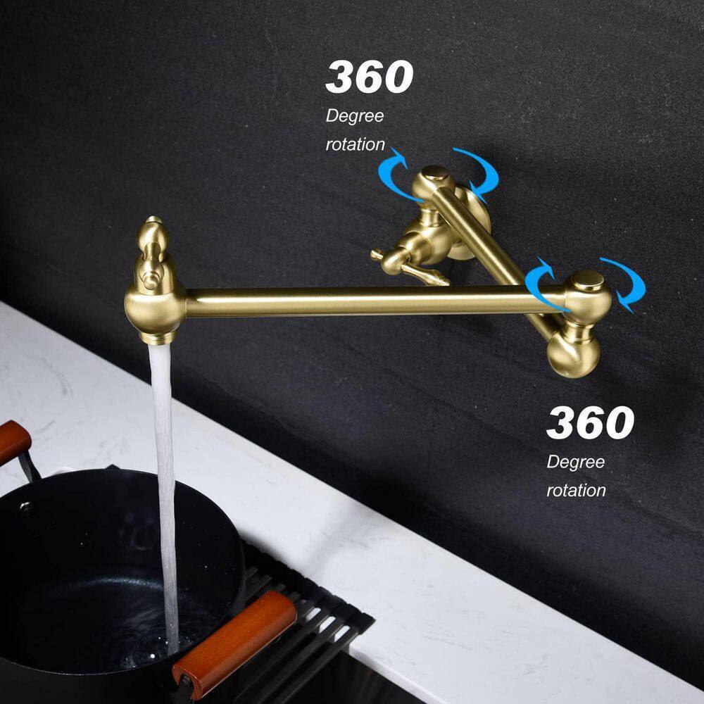 FLG Wall Mounted Pot Filler Double Handle Kitchen Sink Faucet Brushed Gold