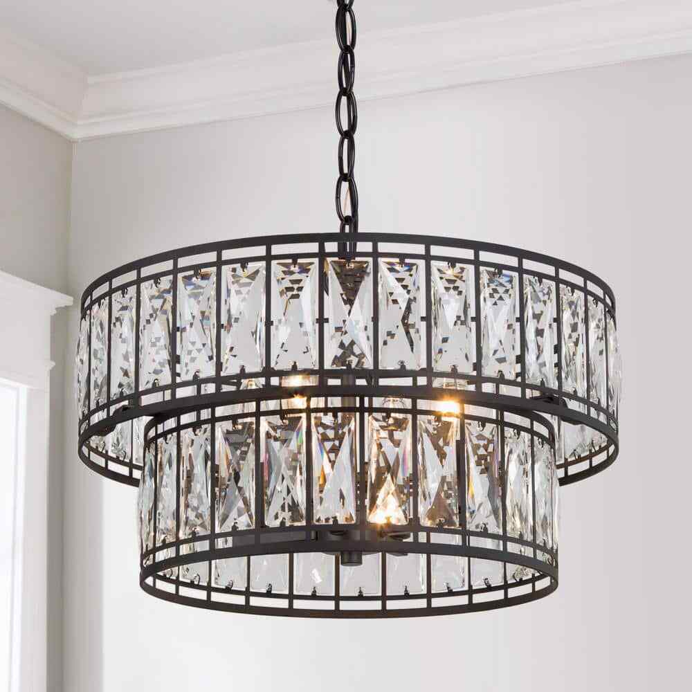 LNC Cristallo Candlestick Chandelier 4-Light Black w/ 2-Tier Clear Crystal Shade