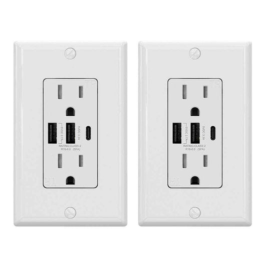 ELEGRP 30-Watt 15 Amp 3-Port Type C and Type A USB Duplex USB Wall Outlet 2-Pack